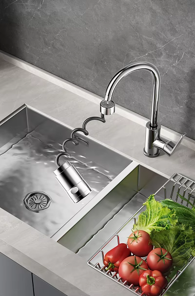 Modern Kitchen Sink Setup With Stainless Steel Basin Faucet And Fresh Vegetables 3d model