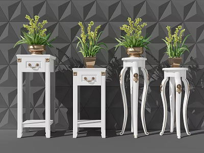 White Decorative Plant Stands With Gold Accents And Potted Green Plants 3d model
