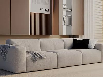 Light Gray Three Seater Sofa With Black Pillow Gray Throw Brown Cabinets And White Curtains 3d model