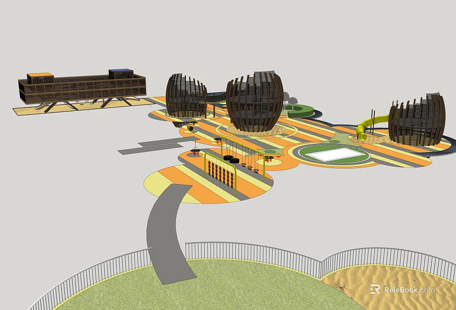 Children's Play Area with Colorful Ground Circular Structures Slide and Sand Area 3d model 