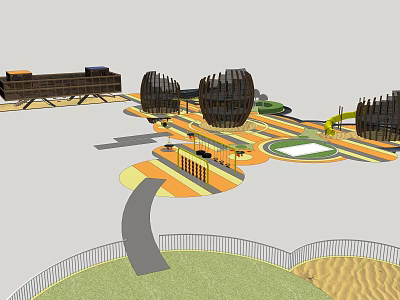 Children's Play Area with Colorful Ground Circular Structures Slide and Sand Area 3d model