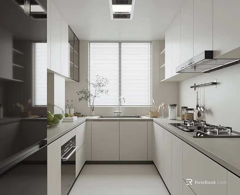 Modern Kitchen Interior With White Cabinets Window Blinds Sink Oven Stove And Green Plants 3d model 
