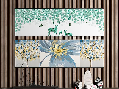 Decorative Paintings With Green Leaves Deer Birds Flower Tree On Wooden Wall 3d model
