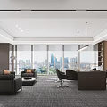 Modern Office Interior Design With Large Windows Sofa Seating Wooden Desk And Bookshelves
