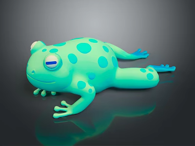 Cartoon Green Frog Toy With Blue Spots On Black Reflective Surface 3d model
