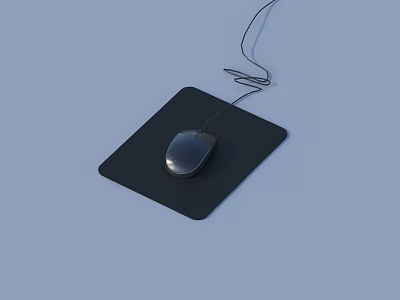 Wired Computer Mouse Placed On Black Mouse Pad With Light Blue Background 3d model