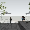 Modern Urban Plaza Landscape With Glass Building Trees White Umbrellas Outdoor Seating And People Gathering