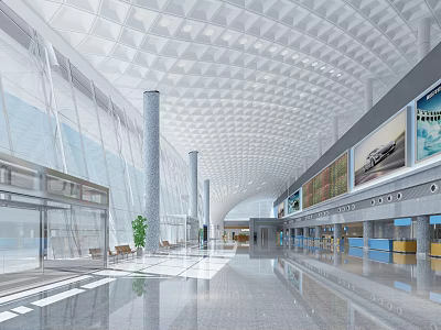 Modern Station Interior Design Featuring Glass Windows Geometric Ceiling Columns And Seating Areas 3d model