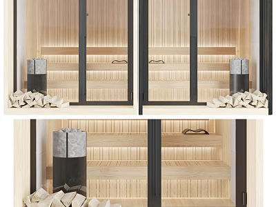 Elegant Modern Shower Sauna Interior Design With Wooden Benches Stone Accents And Warm Lighting 3d model