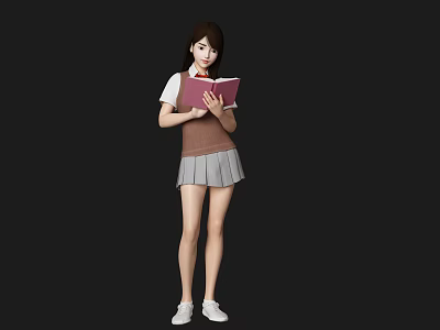 Young Woman Holding Red Notebook In School Uniform Standing Against Black Background 3d model