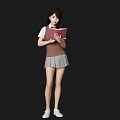 Young Woman Holding Red Notebook In School Uniform Standing Against Black Background