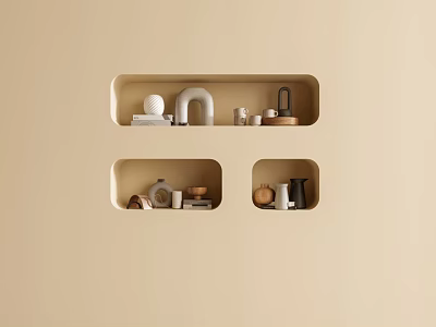 Decorative Ornament Combinations on Beige Wall Built in Niches with Minimalist Vases Jars and Books 3d model