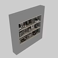Decorative Ornament Set on Wooden Shelf with Bottles Cups Frames and Coffee Machine