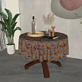 Round Dining Table With Floral Tablecloth Tray Wine Bottle Glass And Pampas Grass Decoration