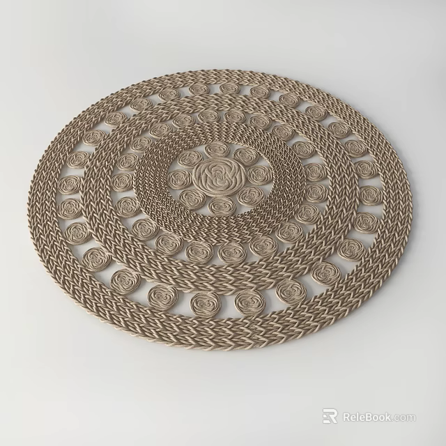 Woven Round Carpet With Intricate Concentric Circle Pattern And Neutral Beige Tone 3d model 