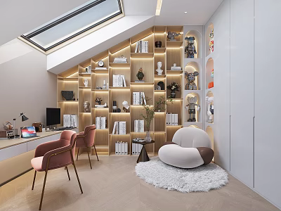 Loft Style Study Room Interior With Skylight White Bookshelves Writing Desk Pink Chairs And Cozy Armchair 3d model