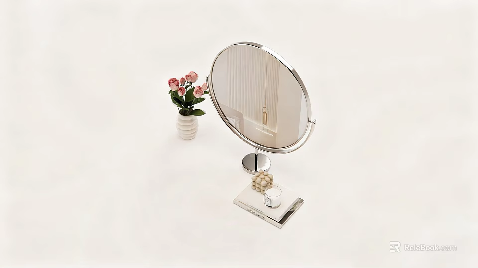 Stylish Round Vanity Mirror With Pink Flower Vase Cosmetic Tray And Decor Items 3d model 