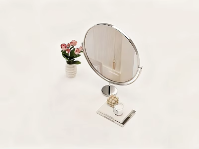 Stylish Round Vanity Mirror With Pink Flower Vase Cosmetic Tray And Decor Items 3d model