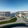 Modern Commercial Complex With Unique Architectural Shapes Blue Roofs Green Spaces And Water Features
