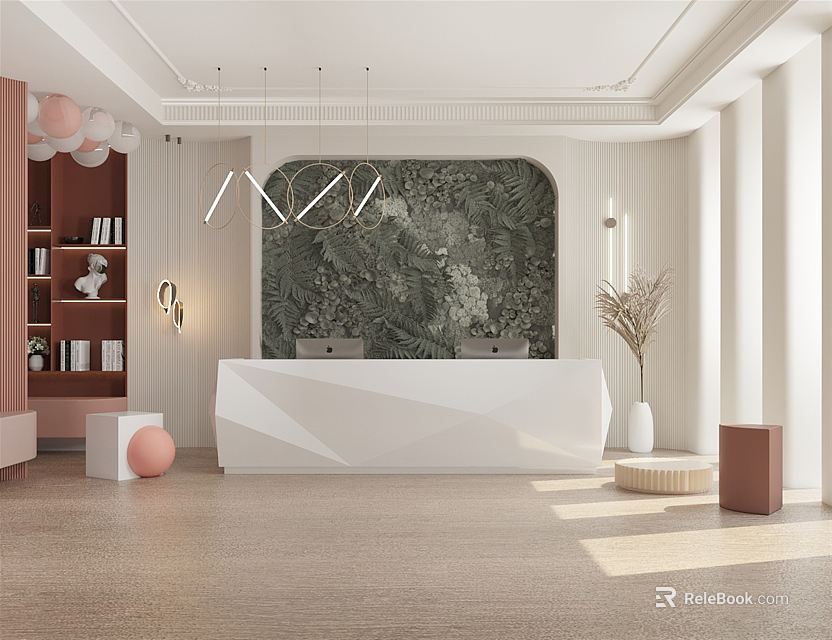 Modern Front Desk Reception Area With Stylish Counter And Decorative Wall Art 3d model 