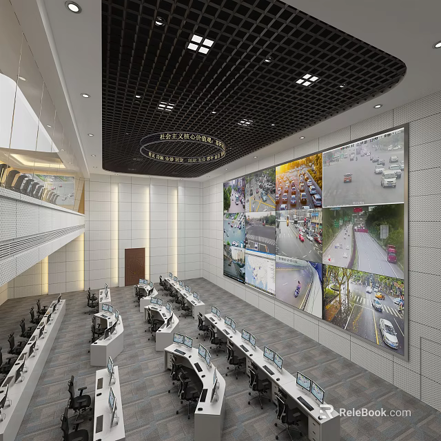 Modern Monitoring Room Interior With Large Surveillance Screens Multiple Workstations And Control Desks 3d model 