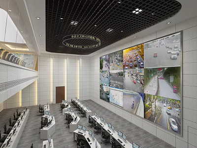 Modern Monitoring Room Interior With Large Surveillance Screens Multiple Workstations And Control Desks 3d model