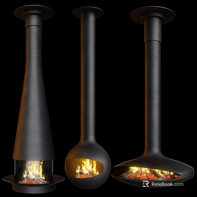 Black Modern Fireplaces with Various Shapes and Burning Flames in Contemporary Design 3d model 