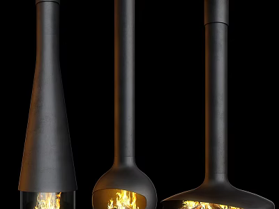 Black Modern Fireplaces with Various Shapes and Burning Flames in Contemporary Design 3d model