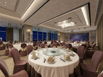 Elegant Banquet Hall With Round Tables White Tablecloths Tableware Brown Chairs Chandeliers Large Windows Decorated Walls 3d model