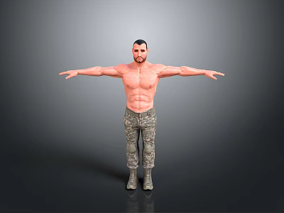 Shirtless Man With Camouflage Pants And Boots Standing With Arms Outstretched Against Gray Background 3d model