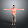 Shirtless Man With Camouflage Pants And Boots Standing With Arms Outstretched Against Gray Background