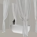 Serene Bathroom Interior With White Bathtub Sheer Curtains And Tiled Walls