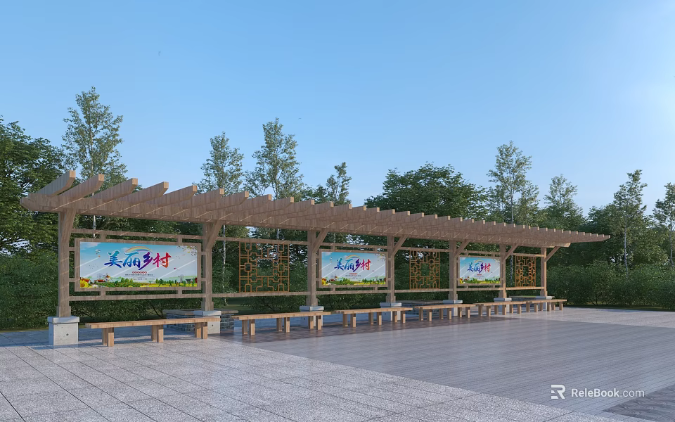 Wooden Pergola Featuring Benches Signboards and Trees Under Blue Sky on Paved Ground 3d model 