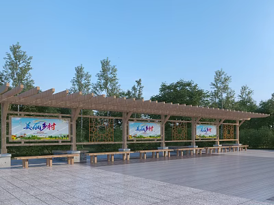 Wooden Pergola Featuring Benches Signboards and Trees Under Blue Sky on Paved Ground 3d model