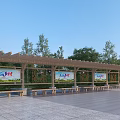 Wooden Pergola Featuring Benches Signboards and Trees Under Blue Sky on Paved Ground