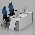 Modern White Office Desk with Dual Monitors Green Screens and Ergonomic Blue Chairs