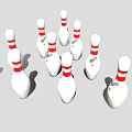 Bowling Sports Equipment with White Red Striped Pins and Black Ball Arranged for Play