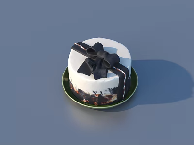 Elegant White Cake With Black Bow Decor On Green Plate And Cream 3d model