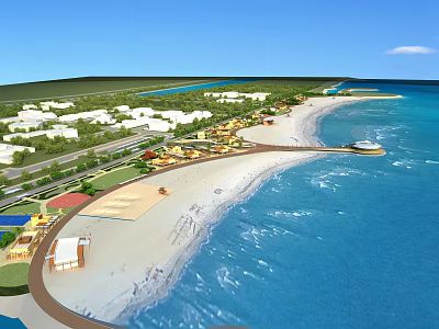 Aerial View Planning of Coastal Beach Area With Buildings Roads and Green Spaces 3d model