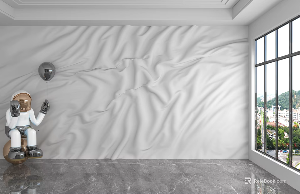 White Wavy Texture Background Wall In Modern Room With Robot Model Balloon And Window 3d model 