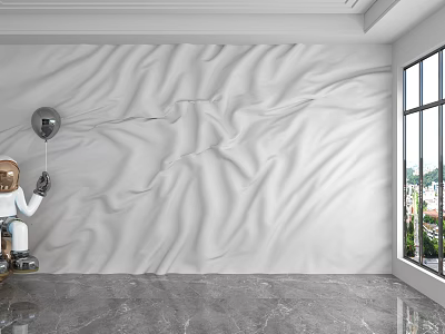 White Wavy Texture Background Wall In Modern Room With Robot Model Balloon And Window 3d model