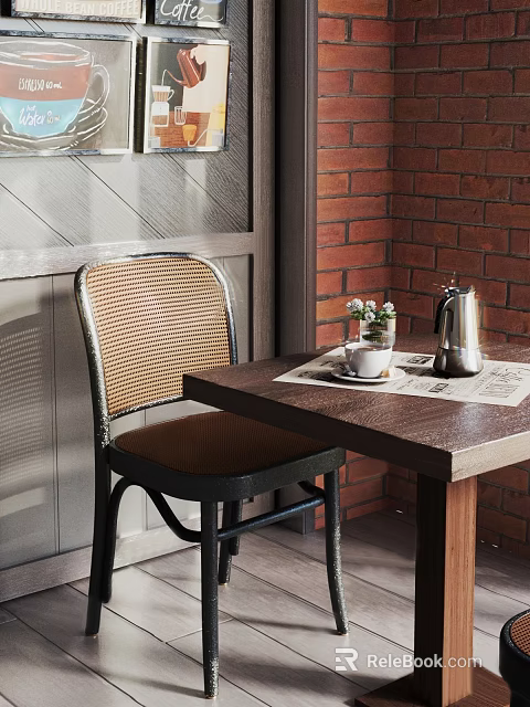 Wooden Dining Table Set With Rattan Chair Kettle Small Flowers And Brick Wall 3d model 