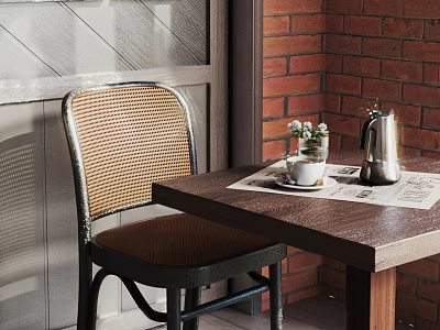 Wooden Dining Table Set With Rattan Chair Kettle Small Flowers And Brick Wall 3d model