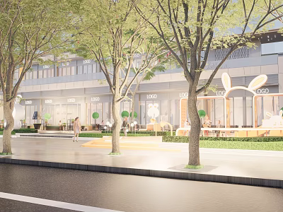 Commercial Street Landscape With Trees Storefronts Outdoor Seating And Green Areas 3d model