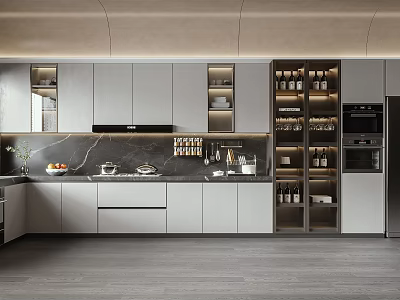 Modern Kitchen Interior Design With Marble Countertop Island Cabinets And Appliances 3d model
