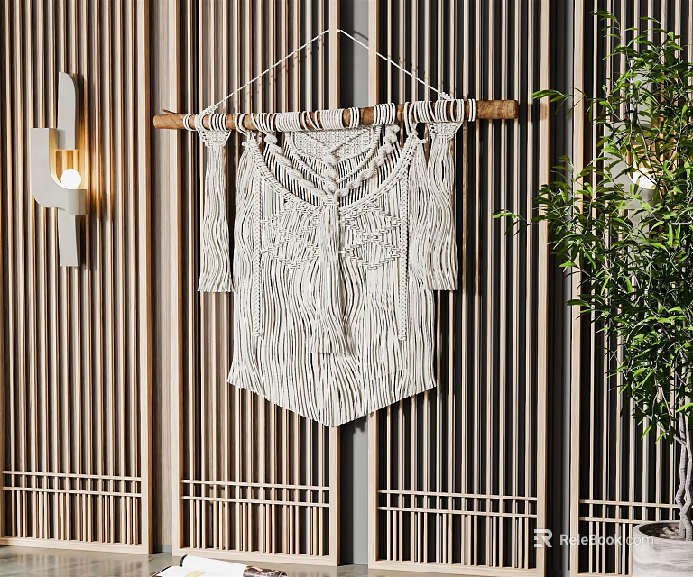 Zebra Pattern Macrame Wall Hanging On Bamboo Screen With Plant And Wall Light 3d model 