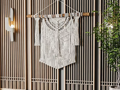 Zebra Pattern Macrame Wall Hanging On Bamboo Screen With Plant And Wall Light 3d model