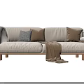 Beige Fabric Double Sofa With Wooden Legs Cozy Pillows And Throw Blanket
