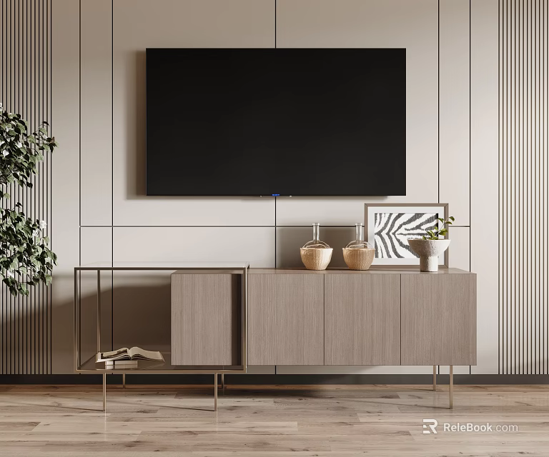 Modern Wood TV Stand With Metal Legs Ceramic Vases Geometric Art And Striped Wall 3d model 