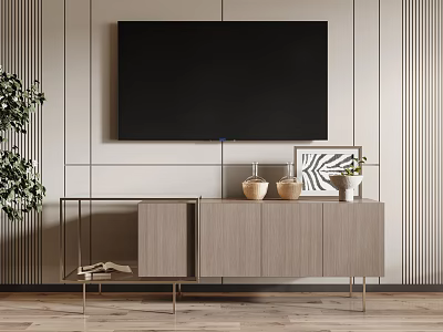 Modern Wood TV Stand With Metal Legs Ceramic Vases Geometric Art And Striped Wall 3d model